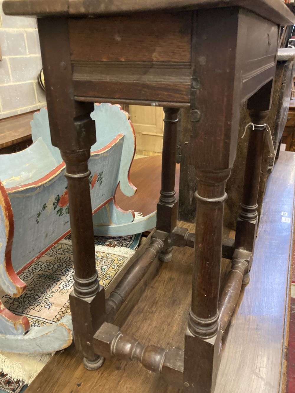 An 18th century and later oak side table, width 53cm depth 30cm height 69cm